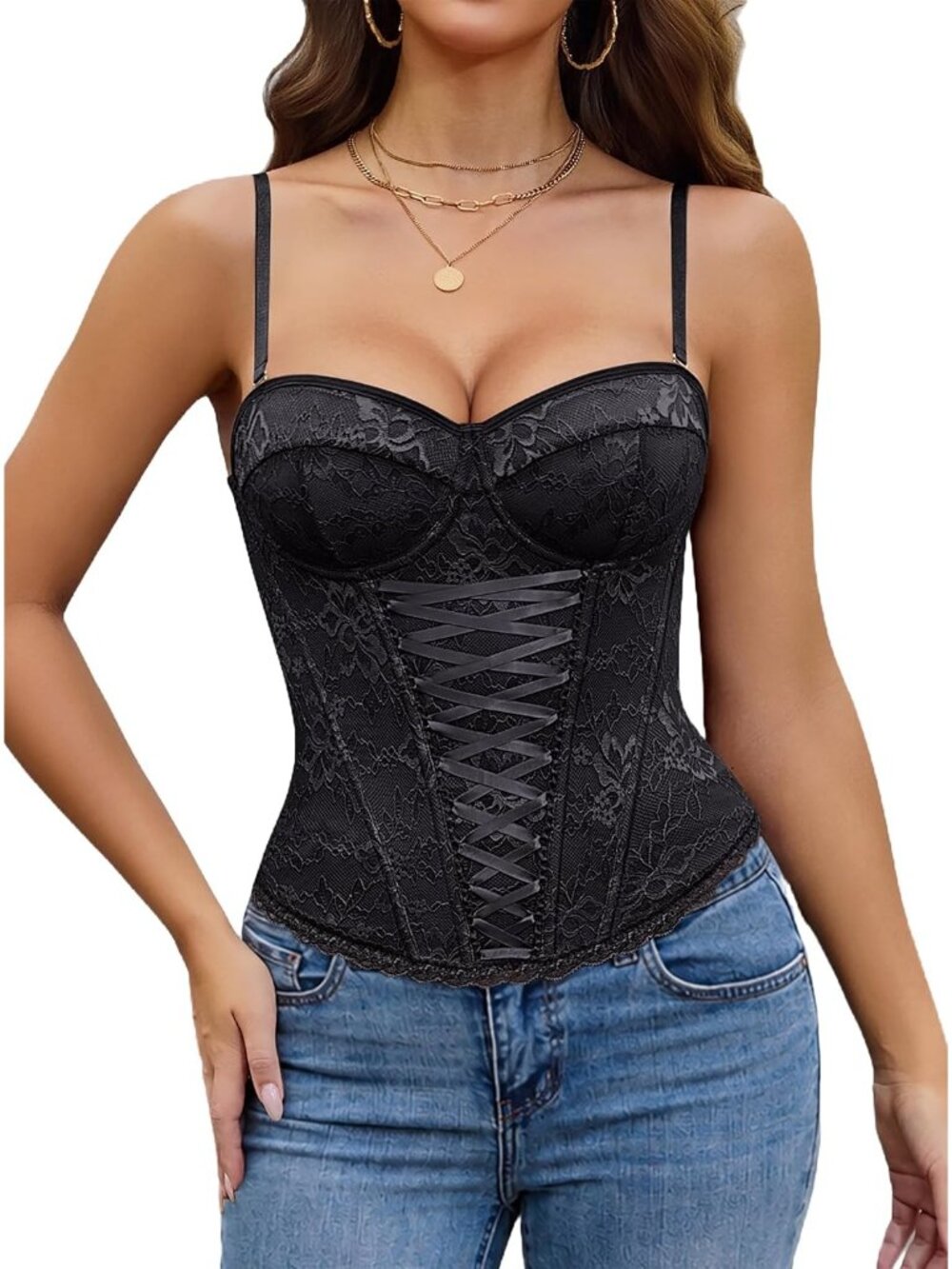 Women Black Rows Hook Supportive Cups Bustier Lace Up Front Underwire Corset Top